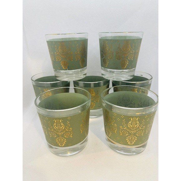 Jeanette Other - Vintage Jeanette Glasses Set 7 Mid-Century Laurel & Lyre Green Gold Harp 1954